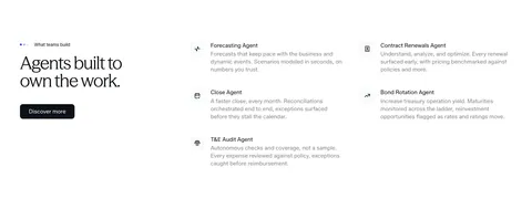 Concourse features section: headline and Discover more button left, two-column list of agent names with icons and descriptions right