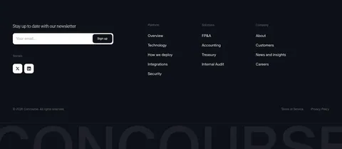 Concourse footer section: newsletter email field and social icons left, link columns right, cut-off Concourse wordmark below on dark