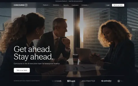 Concourse hero section: left-aligned headline and button over a dark full-bleed office meeting photo with a logo strip below