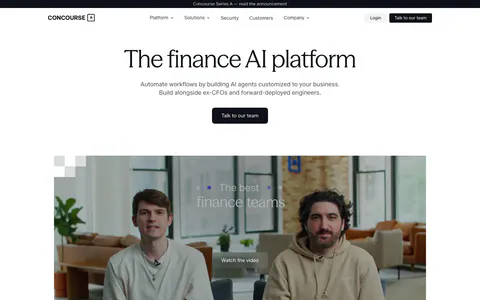Concourse hero section: centered headline and button above a large video thumbnail of two founders with a Watch the video button