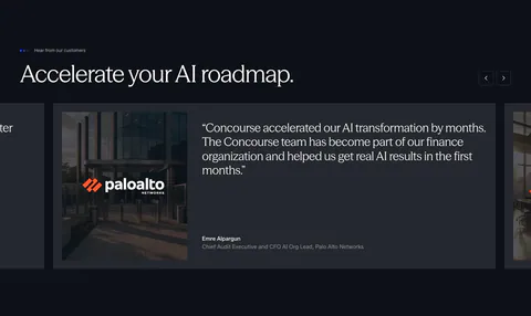 Concourse testimonials section: headline with arrow buttons above a carousel of quote cards with a Palo Alto Networks photo on dark navy
