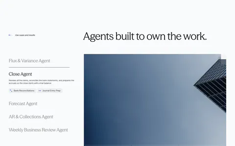 Concourse use cases section: vertical list of agent tabs left, building photo with three metric tiles right on a light background