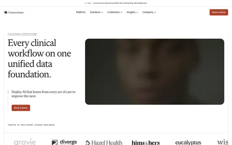 Concurrence hero section: serif headline and rust Book a Demo button beside a blurred dark portrait image, healthcare logo row below