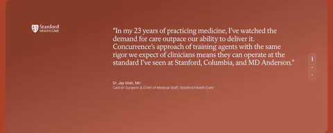 Concurrence testimonials section: serif quote from a Stanford Health Care surgeon on a rust gradient card with vertical pagination dots