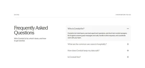 Conduit FAQ section: serif heading on the left beside an accordion with the first answer expanded on white