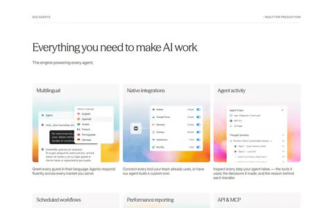 Conduit features section: serif headline above a 3x2 card grid of agent UI mockups on dithered gradient tiles