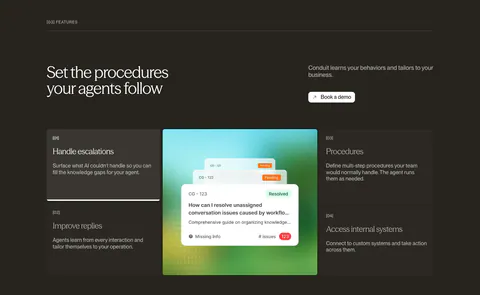 Conduit features section: dark brown panel with numbered feature list flanking a central resolved-ticket UI card