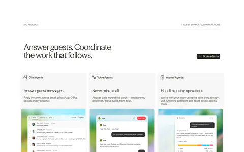 Conduit features section: serif headline above three agent cards with chat, voice and analytics UI on colorful blurred tiles