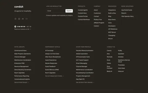 Conduit footer section: dark brown footer with newsletter field, G2 rating and dense multi-column link lists