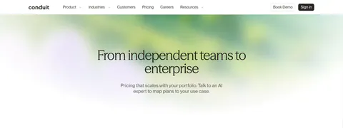 Conduit hero section: centered serif pricing headline and subcopy over a soft green and lavender blurred gradient
