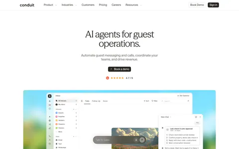 Conduit hero section: centered serif headline and demo button above an inbox app screenshot on a painterly landscape backdrop