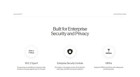 Conduit security section: centered serif headline above SOC 2, security controls and HIPAA badge columns on white