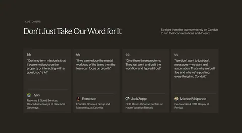 Conduit testimonials section: serif headline above four quote cards with avatars on a dark brown background