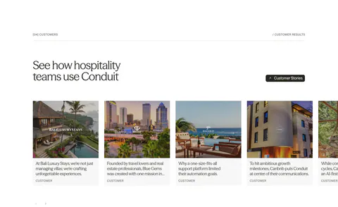 Conduit testimonials section: serif headline above a carousel of customer story cards with hotel and resort photos
