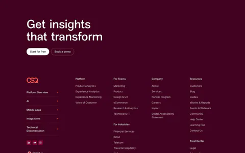 Contentsquare footer section: CTA headline and buttons above link columns, social icons and copyright on a dark plum background