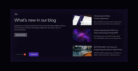 Cortex blog & resources section: headline and email subscribe field on the left beside three article thumbnails in a dark panel