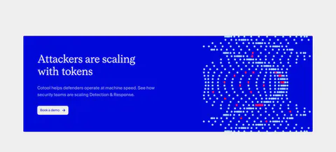 Cotool call-to-action section: saturated blue banner with serif headline and button on the left and a dotted pixel artwork on the right