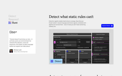 Cotool features section: Detect, Respond and Hunt rows with serif headings, blue buttons and dark product UI screenshots beside a sticky side nav
