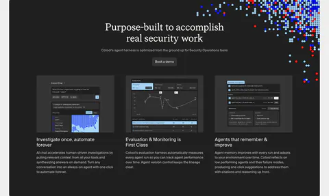 Cotool features section: centered serif heading over three dark cards with product UI screenshots on a charcoal panel with pixel-dot accents