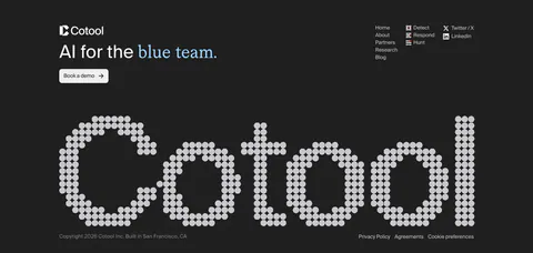 Cotool footer section: tagline, demo button and link columns above a giant dot-matrix Cotool wordmark on a charcoal background