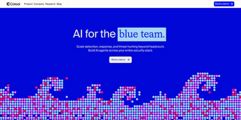 Cotool hero section: centered headline with highlighted serif words on a saturated blue background above a pixel-dot wave artwork