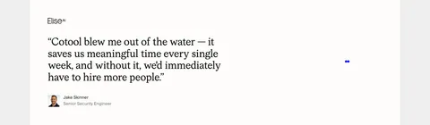 Cotool testimonials section: large serif customer quote with EliseAI logo, avatar and name on an off-white card