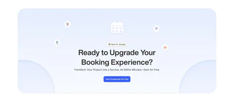 Cowlendar call-to-action section: centered headline and blue button with calendar icon in a pale blue rounded panel