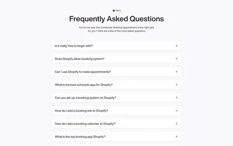 Cowlendar FAQ section: centered heading above a single column of twelve collapsed question accordions on light gray