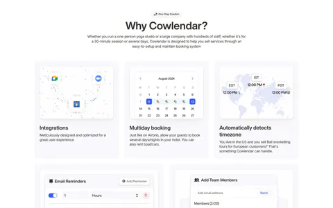 Cowlendar features section: centered heading above a bento grid of eight booking feature cards with UI snippets