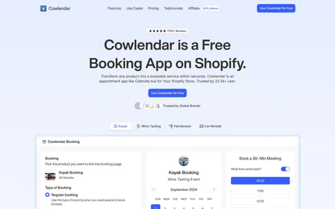 Cowlendar hero section: centered headline and CTA above use-case tabs and a booking calendar product screenshot