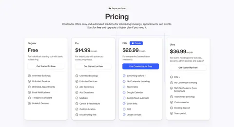 Cowlendar pricing section: centered heading above four plan cards with checklists and a highlighted blue Elite plan