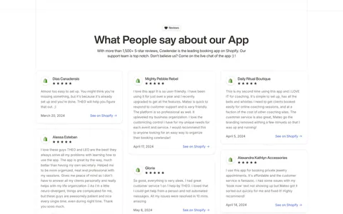 Cowlendar testimonials section: centered heading above a three-column masonry grid of Shopify review cards with stars