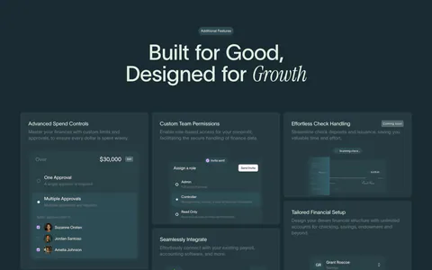 Crescent Cares features section: centered headline above a bento grid of finance feature cards with UI snippets on dark teal