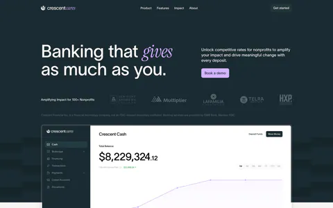 Crescent Cares hero section: headline with italic serif accent, copy and button, nonprofit logo row and banking dashboard screenshot