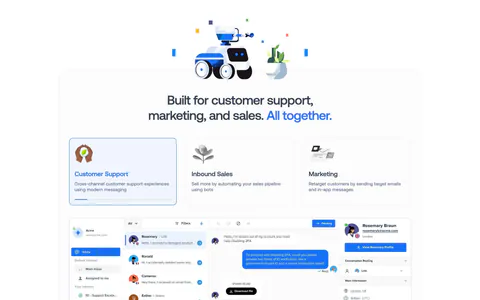 Crisp features section: centered headline with robot renders above three selectable use-case cards and an inbox UI screenshot