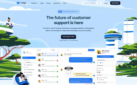 Crisp hero section: centered headline and CTA above an inbox screenshot framed by illustrated people, trees and towers on sky blue