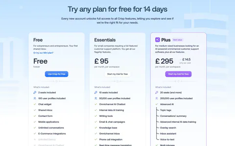 Crisp pricing section: centered headline above three plan cards with checklists and a wide Mini plan card on pale blue