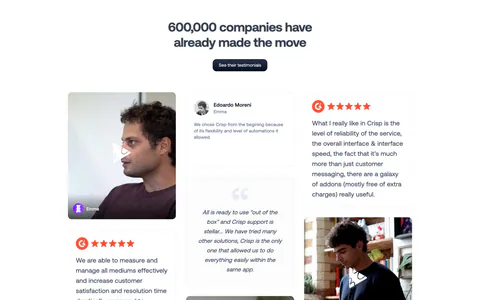 Crisp testimonials section: centered headline above a masonry grid of quote cards and customer video thumbnails
