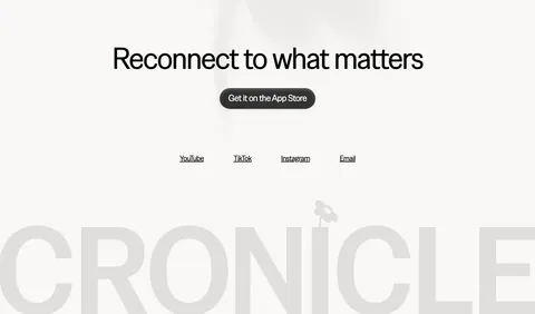 Cronicle footer section: centered headline with an App Store button and social links above a giant faded gray CRONICLE wordmark