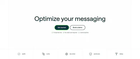 Customer.io call to action section: centered headline and two buttons on a dot grid, above a row of compliance badges