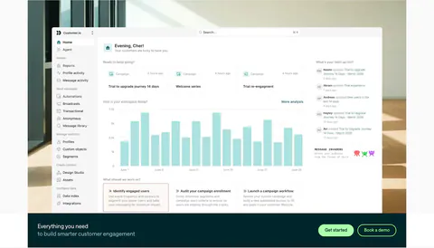 Customer.io features section: large home dashboard screenshot over an office photo, with a dark teal CTA bar and two buttons below