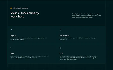 Customer.io features section: dark teal header with headline and copy above a 2x2 grid of Agent, MCP server, APIs and CLI cells