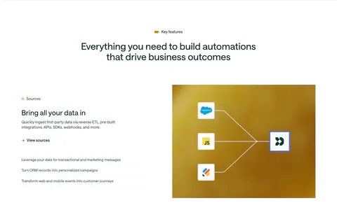 Customer.io features section: centered headline above three alternating rows pairing copy with colorful gradient panels of connector diagrams