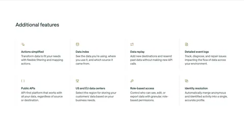 Customer.io features section: left-aligned heading above a 4x2 grid of feature items with small gold icons, titles and descriptions