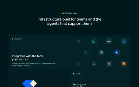 Customer.io features section: dark bento grid with an integration icon tile, abstract hexagon and grid artwork, and security and support tiles