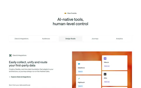 Customer.io features section: centered headline, five-item tab bar and alternating rows of copy beside product UI on gradient panels