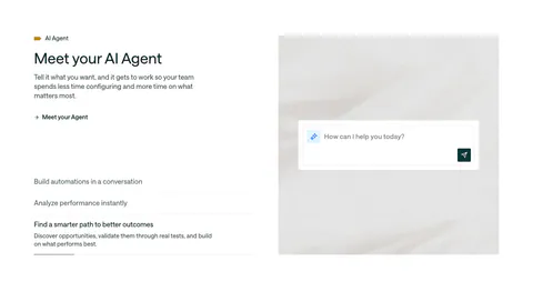 Customer.io features section: split layout with headline and accordion list beside an AI agent chat input on a soft textured panel