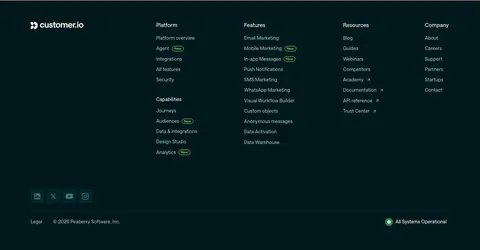 Customer.io footer section: dark teal footer with logo, link columns with New badges, social icons, copyright and system status