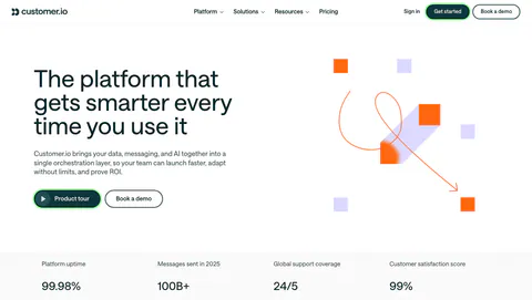 Customer.io hero section: split layout with headline and buttons beside abstract orange and lavender square artwork, above a stats row