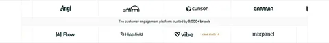 Customer.io logo cloud section: two rows of customer logos in bordered cells divided by a trusted-by-9,000+ brands caption
